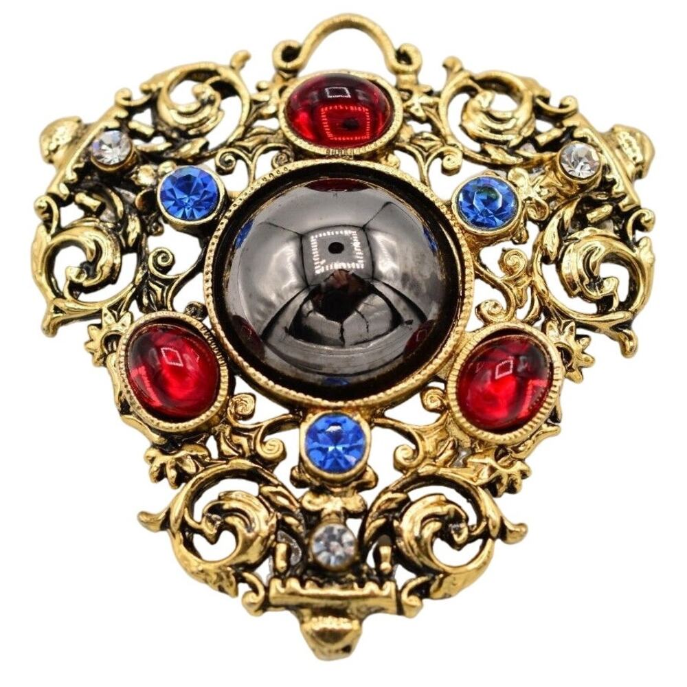 Vintage Cabochon Brooch Pin Antiqued Gold Blue Red Gunmetal Chunky 1980s BinAC